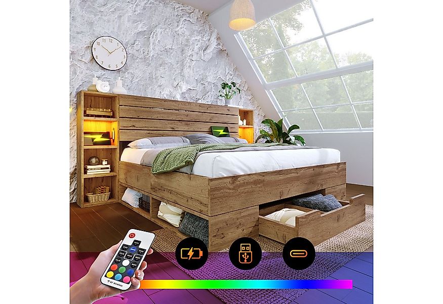 STILVORA Massivholzbett 180×200 Massivholzbett Doppelbett mit LED-Beleuchtu günstig online kaufen