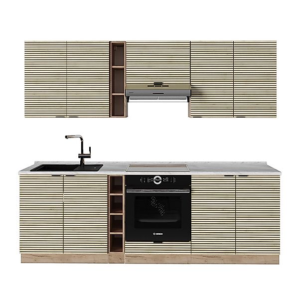 Vicco Fame-Line Küchenzeile Eiche Paneel/Goldkraft Eiche 235 cm AP Marmor günstig online kaufen