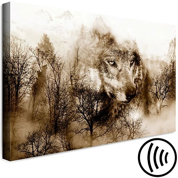 Wandbild Wolf - ein Porträt eines Tieres vor einer Wald- und Berglandschaft günstig online kaufen