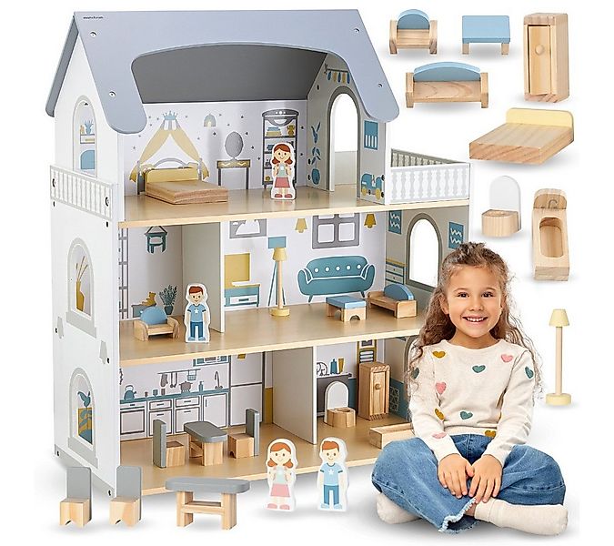Mamabrum Puppenhaus Großes Puppenhaus aus Holz mit Zubehör und Spielfiguren günstig online kaufen