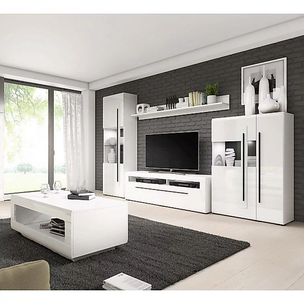 Wohnzimmer Anbauwand weiß Hochglanz TURDA-83 moderner Stil mit Absetzungen günstig online kaufen
