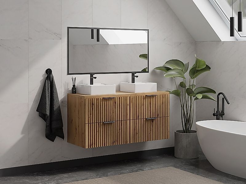 Waschbeckenunterschrank hängend - Streifenoptik - Holzfarben hell - 120 cm günstig online kaufen