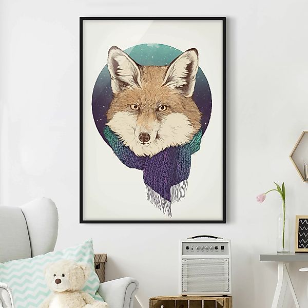 Bild mit Rahmen Tiere - Hochformat Illustration Fuchs Mond Lila Türkis günstig online kaufen