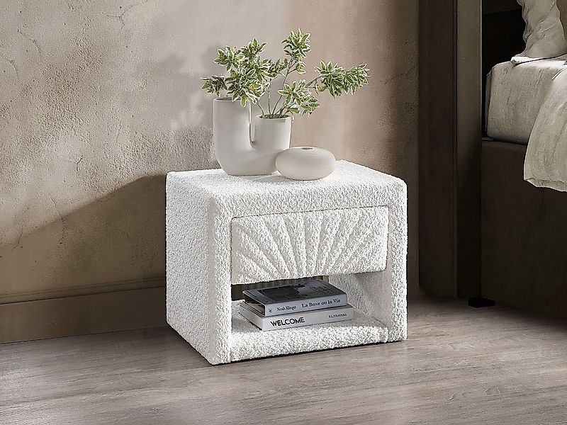 Nachttisch - 1 Schublade und 1 Ablage - Bouclé-Stoff - Weiß - ULAMI günstig online kaufen