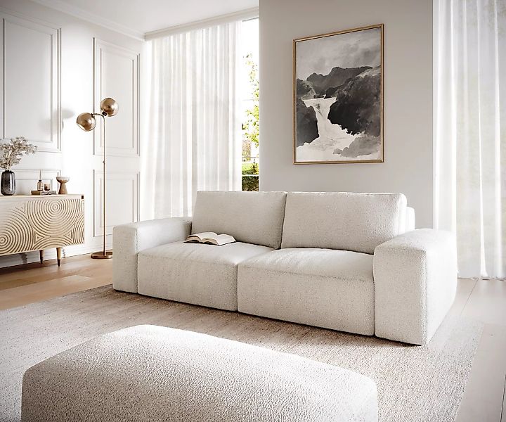 Big-Sofa Lanzo L 260x110 cm Bouclé Creme-Weiß mit Hocker günstig online kaufen