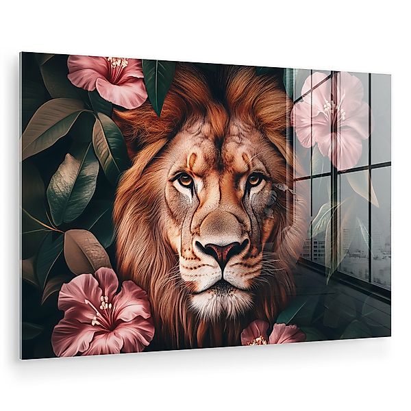 MuchoWow Acrylglasbild Löwe - Rosa Blumen günstig online kaufen