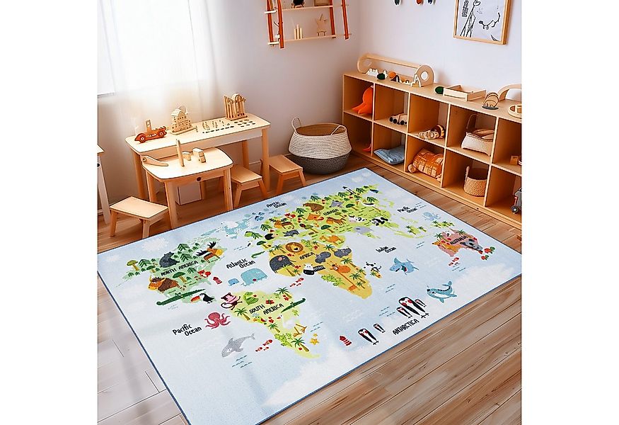 Carpettex Kinderteppich Weltkarte mit Tierdesign, Läufer, Höhe: 7 mm, Kinde günstig online kaufen