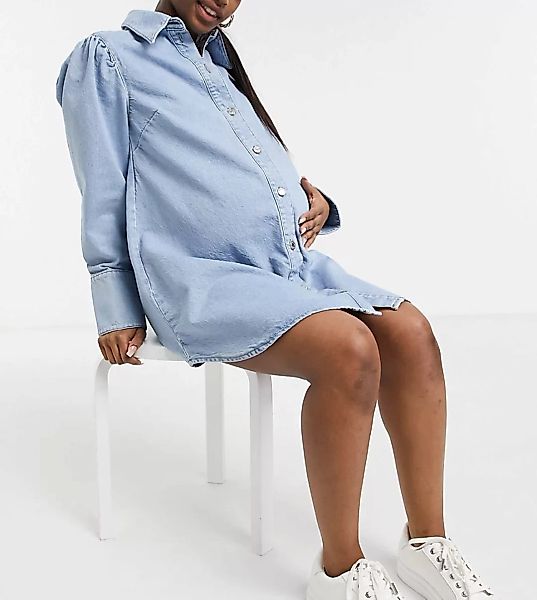 ASOS DESIGN Maternity – Jeans-Hemdkleid in mittlerer Waschung mit Puffärmel günstig online kaufen