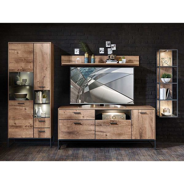 Design Wohnwand in Eiche dunkel und Dunkelgrau 310 cm breit (vierteilig) günstig online kaufen