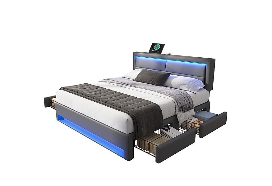 Flieks Polsterbett, LED Doppelbett 160x200cm mit USB-Anschluss und 4 Schubl günstig online kaufen