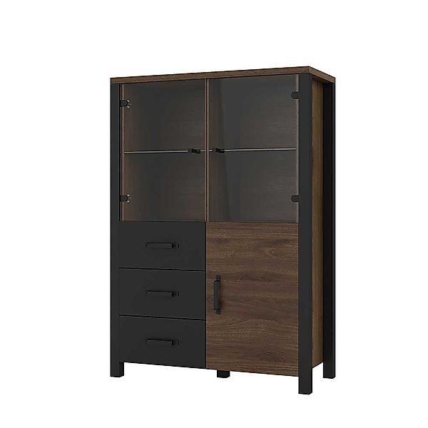 Highboard Vitrine in Walnussfarben und Schwarz drei Schubladen günstig online kaufen