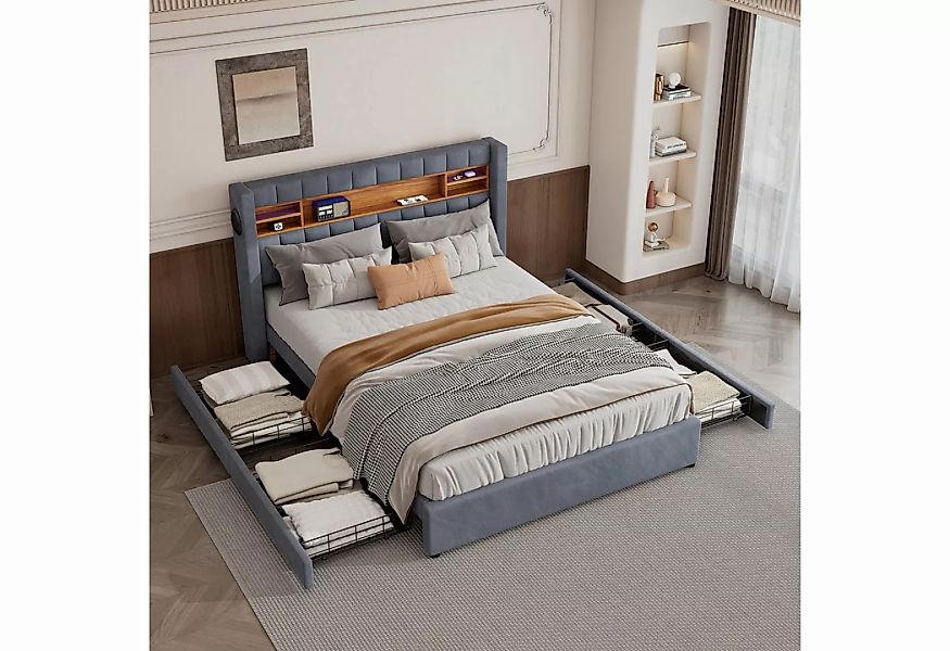 Gotagee Polsterbett Polsterbett Doppelbett mit LED Massivholz Bett mit Stau günstig online kaufen