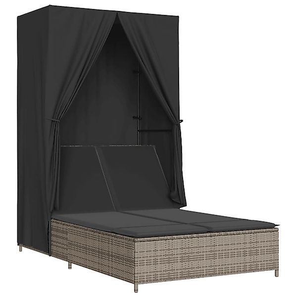 vidaXL Doppel-Sonnenliege mit Dach und Vorhängen Grau Poly Rattan 368101 günstig online kaufen