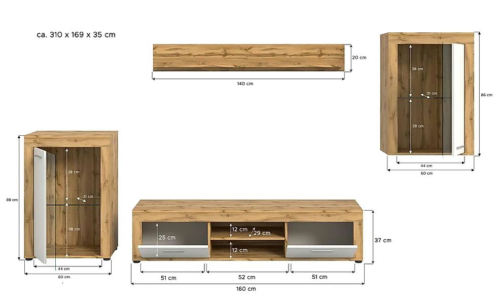 Wohnwand  Bardenas ¦ holzfarben ¦ Maße (cm): B: 310 H: 169 Kommoden & Sideb günstig online kaufen