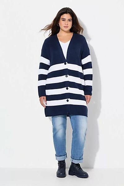 Ulla Popken Strickjacke Strickjacke Streifen Boxy V-Ausschnitt Rollkanten günstig online kaufen