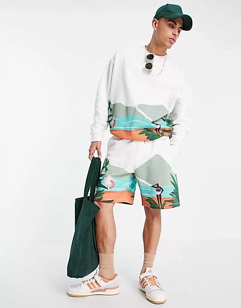 ASOS DESIGN – Oversize-Shorts aus Jersey in Weiß mit Szenen-Print, Kombitei günstig online kaufen
