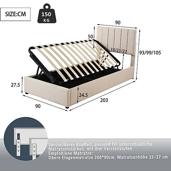 Flieks Polsterbett, Hydraulisches Stauraumbett Einzelbett 90x200cm Leinen günstig online kaufen