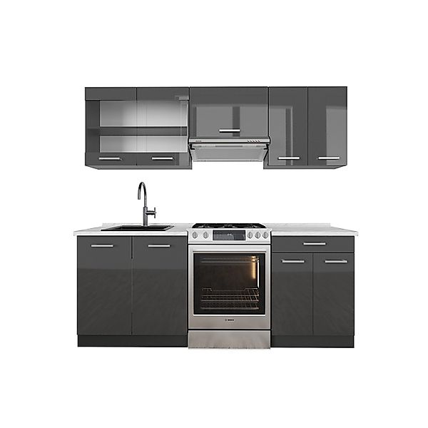 Vicco R-Line Küchenzeile Anthrazit Hochglanz/Anthrazit 200 cm AP Marmor ohn günstig online kaufen