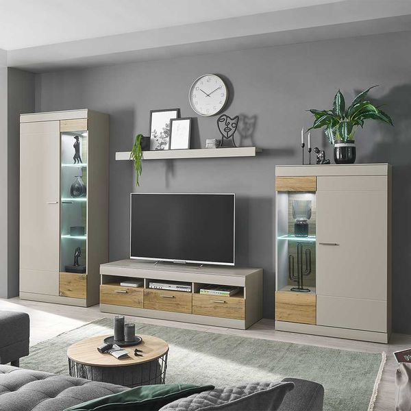 Wohnzimmerwand Modern in Hellgrau Zinneichefarben (vierteilig) günstig online kaufen