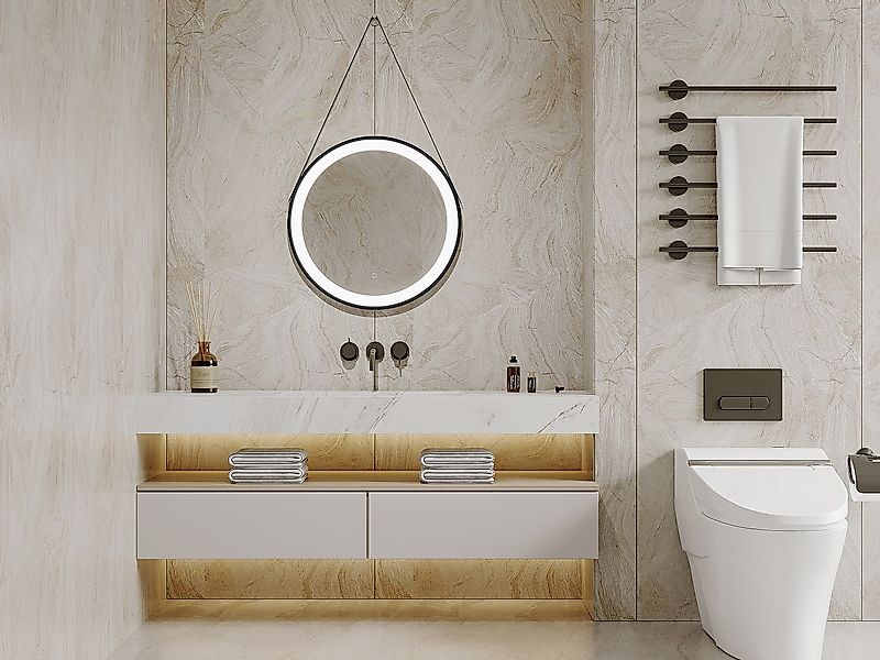 Badezimmerspiegel hängend mit Aufhänger beschlagfrei - 60 x 60 cm - Schwarz günstig online kaufen