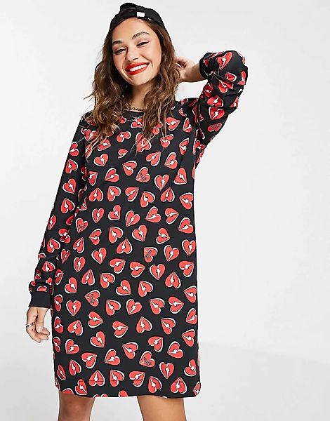 Love Moschino – Langärmliges Kleid mit mehrfarbigem, durchgängigem Herzmust günstig online kaufen