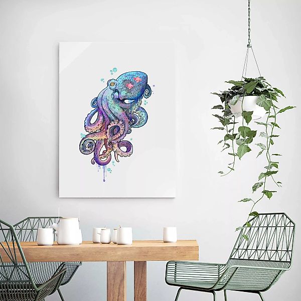 Glasbild - Hochformat Illustration Oktopus Violett Türkis Malerei günstig online kaufen