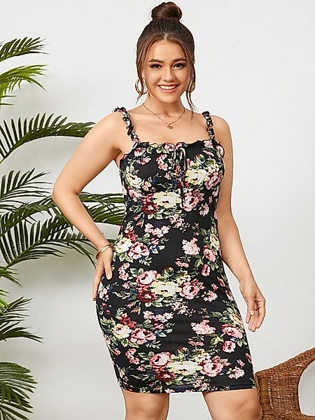 Ärmelloses Kleid mit eckigem Ausschnitt und Blumendruck in Übergröße zum Bi günstig online kaufen