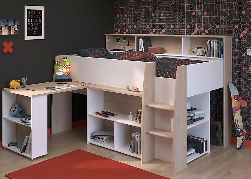 Kombibett - 90 x 200 cm - mit Schreibtisch & Stauraum - Weiß & Holzfarben - günstig online kaufen