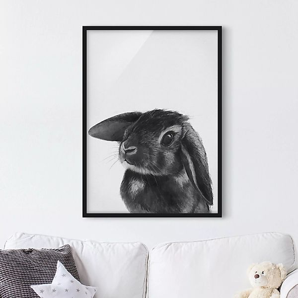 Bild mit Rahmen - Hochformat Illustration Hase Schwarz Weiß Zeichnung günstig online kaufen