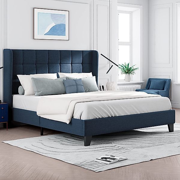 Bett 140x200   gepolstertes Doppelbett Holz, 140x200 cm, Blau, ohne Lattenr günstig online kaufen