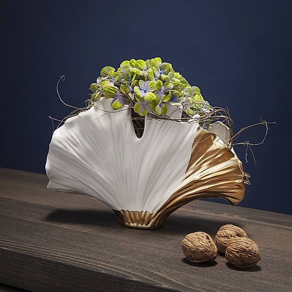 KARE Vase Ginkgo Elegance, Höhe 18 cm, Steinzeug, weiß, gold günstig online kaufen