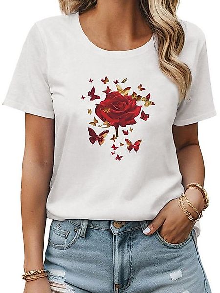 PYL Rundhalsshirt Damen Bequemes Sommer Kurzarmbluse Locker Rose Print-Shir günstig online kaufen