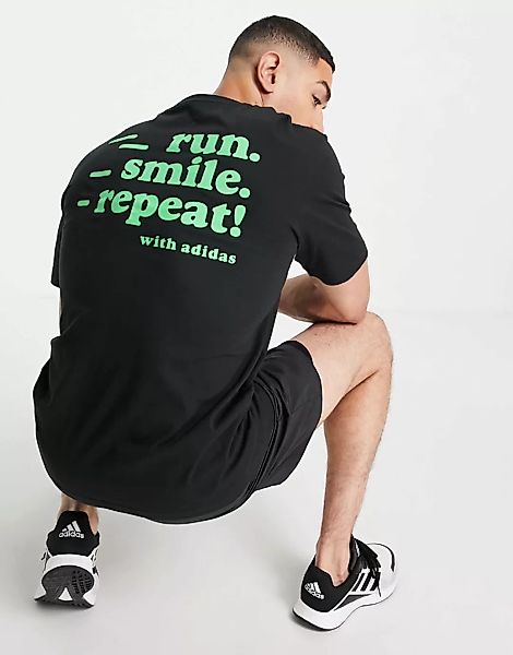 adidas – Lauf-T-Shirt in Schwarz mit „Run, Smile, Repeat“-Rückenprint günstig online kaufen