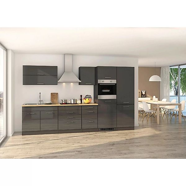 Held Möbel Küchenzeile Mailand 350 cm Grau Hochglanz-Grau Matt mit E-Geräte günstig online kaufen