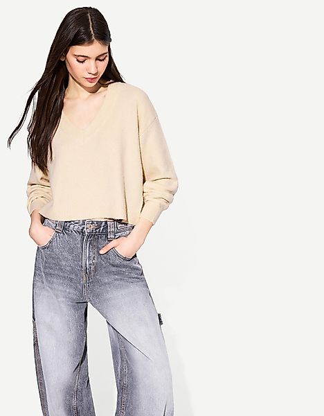 Bershka Pullover Mit V-Ausschnitt Cropped Damen L Sandfarbe günstig online kaufen