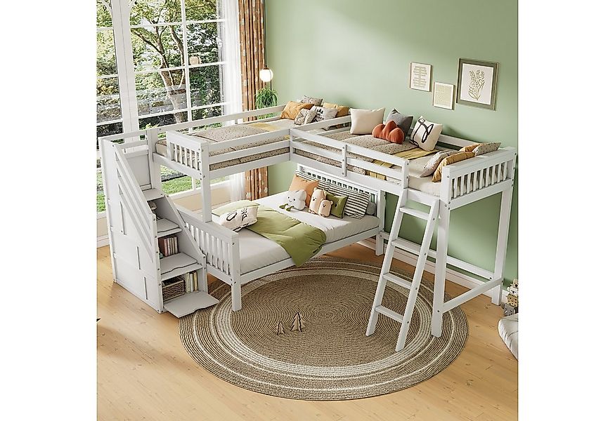 Flieks Etagenbett, Kinderbett Dreierbett 140x200cm*1+90x200cm*2 mit Staurau günstig online kaufen