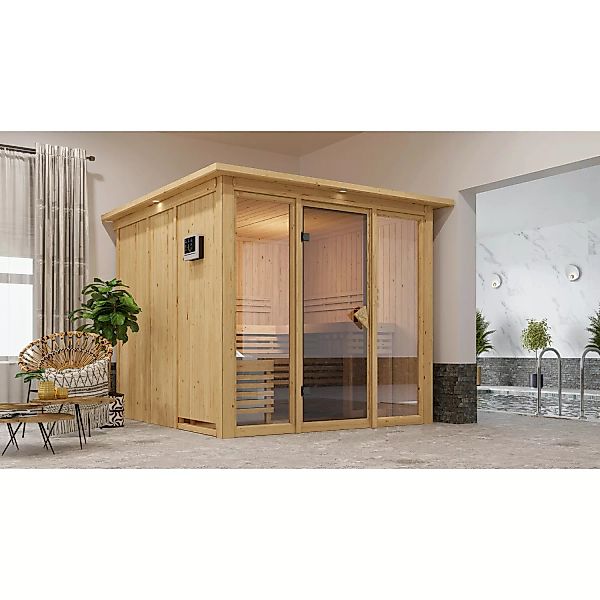 Karibu Sauna Svava Glasfront mit Kranz Set Natur m. Ofen 9 kW ext. Strg. günstig online kaufen