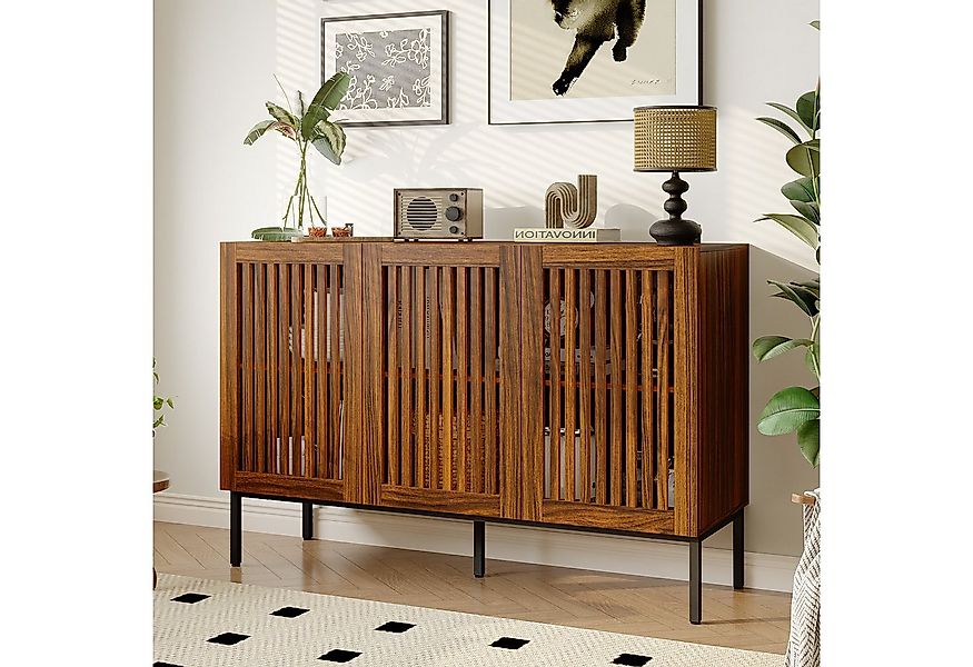 FUFU&GAGA Sideboard mit 3 Türen, Walnussfarbenes Sideboard mit Gittermuster günstig online kaufen
