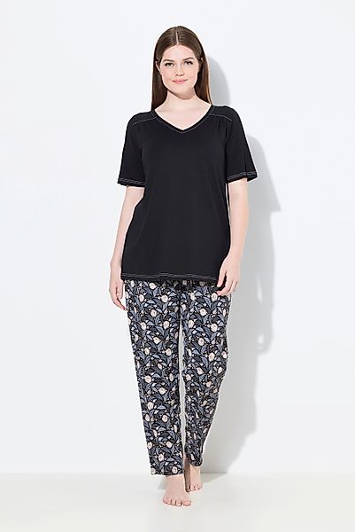 Ulla Popken Pyjama Pyjama Blätter V-Ausschnitt günstig online kaufen