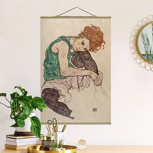 Stoffbild Kunstdruck mit Posterleisten - Hochformat Egon Schiele - Sitzende günstig online kaufen