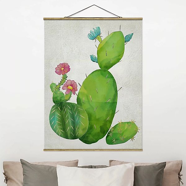 Stoffbild Blumen mit Posterleisten - Hochformat Kaktusfamilie rosa türkis günstig online kaufen