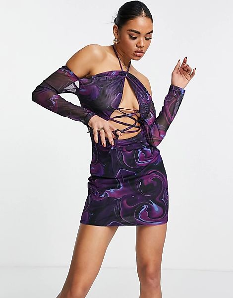 NaaNaa – Neckholder-Kleid in lila bedruckt mit Bindedetail vorne-Violett günstig online kaufen