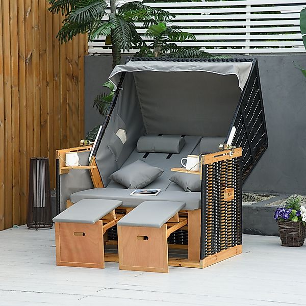 Outsunny Strandkorb Volllieger Gartenliege mit Getränkehaltern aus PE-Ratta günstig online kaufen