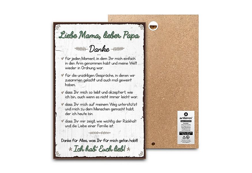 ARTFAVES Holzbild Schild mit Spruch - DANKE liebe MAMA, lieber PAPA - Mutte günstig online kaufen