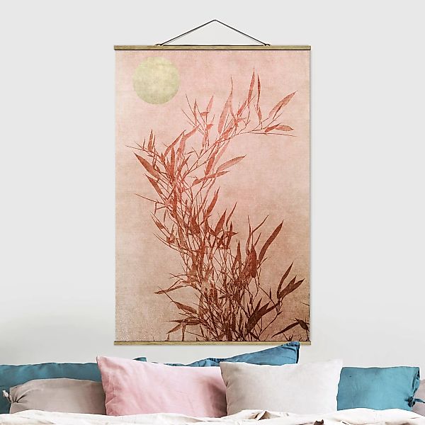 Stoffbild mit Posterleisten Goldene Sonne mit Rosa Bambus günstig online kaufen