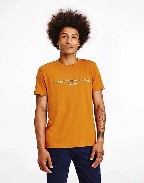 Tommy Hilfiger – T-Shirt mit gesticktem Flaggen-Logo in Gold-Goldfarben günstig online kaufen