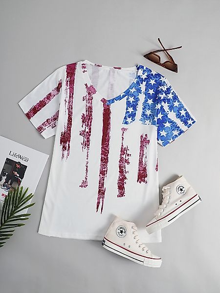 Plus Size V-Ausschnitt Star The American Flag Independence Day Kurzarm T-Sh günstig online kaufen