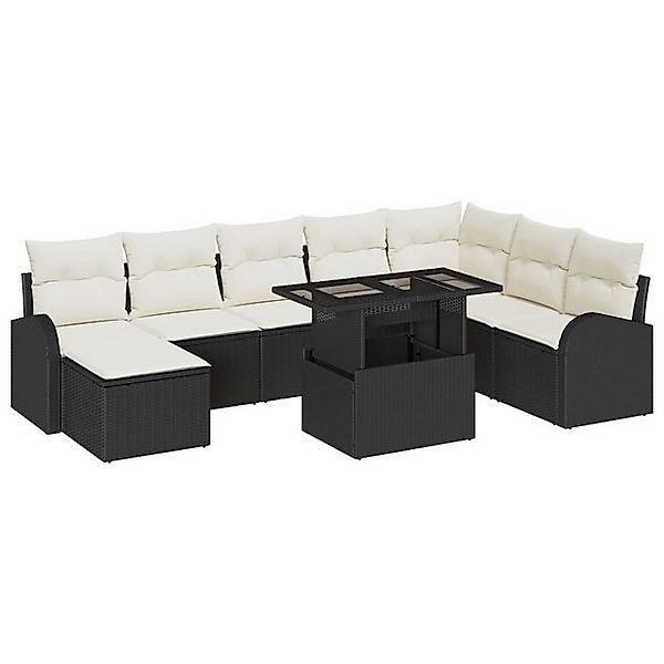 vidaXL Loungesofa 9-tlg. Garten-Sofagarnitur mit Kissen Schwarz Poly Rattan günstig online kaufen