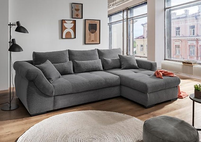 Ecksofa inkl. Liegefunktion und Bettkasten Cord Grau günstig online kaufen