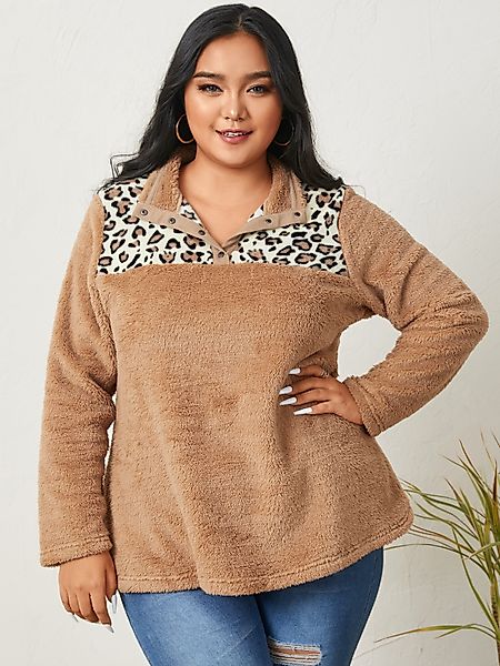 YOINS Plus Größe Reverskragen Patchwork Leopard Langarm Sweatshirt günstig online kaufen